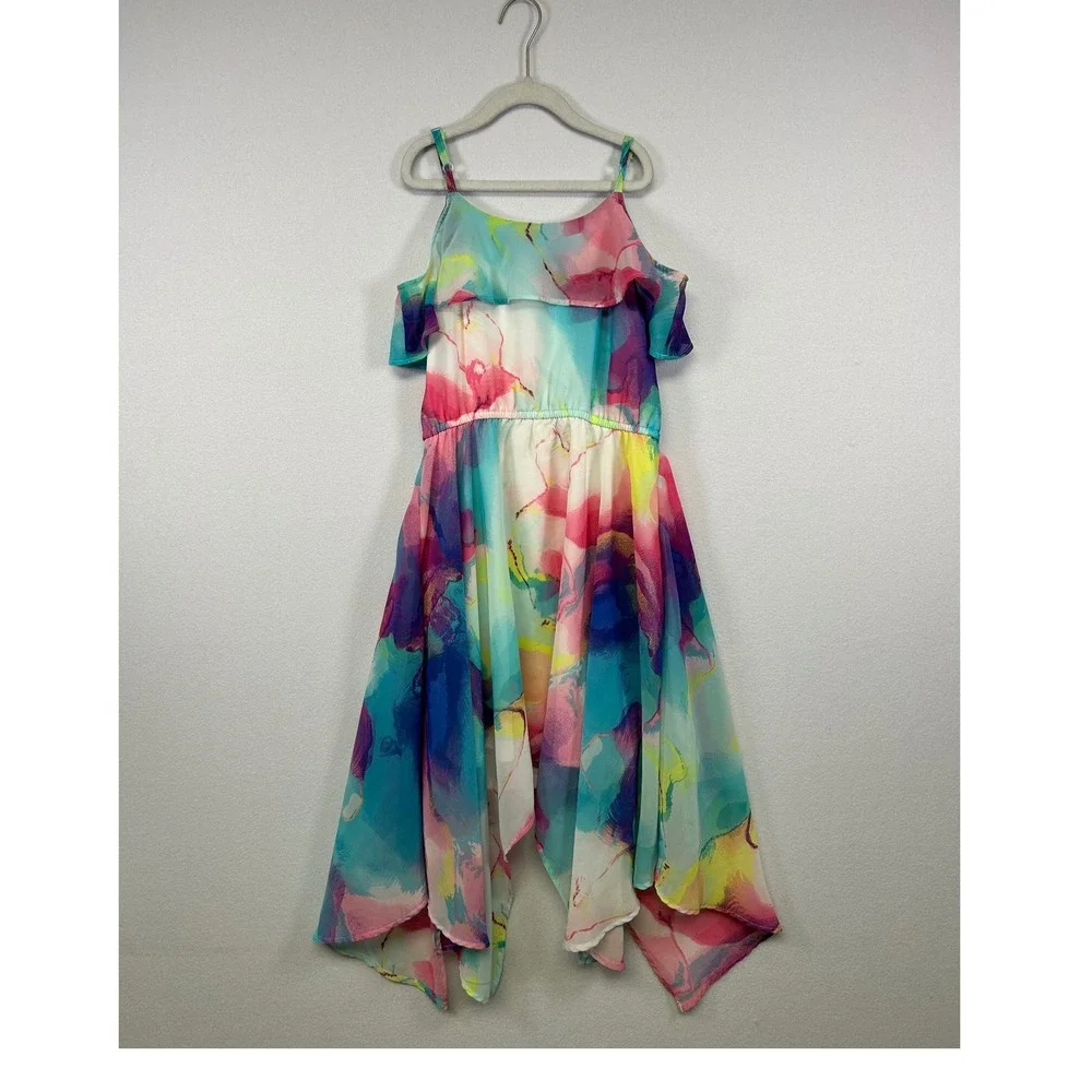 Boho Watercolor The Childrens Place Girls 10/12 Multi Ruffle High-Low Dress - Picture 2 of 10